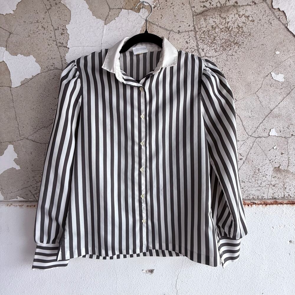 Vtg 70s‎ Puff Sleeve Blouse Striped Button Up Shirt Womens M French Girl Classic
